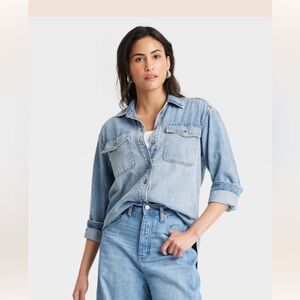 Women's Long Sleeve Oversized Button-Down Denim Shirt